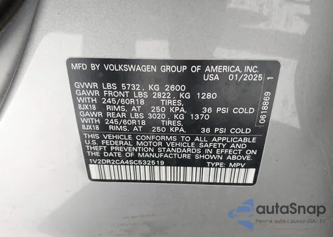 2025 Volkswagen Atlas 2.0T Se from USA, damaged, VIN 1V2DR2CA4SC532519
